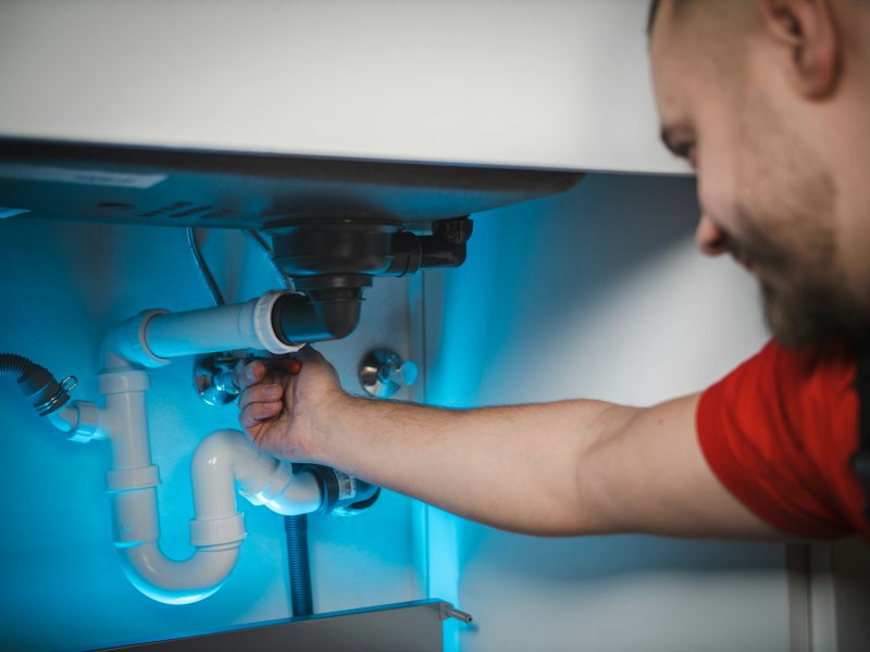Plumber working on pipes in a wall